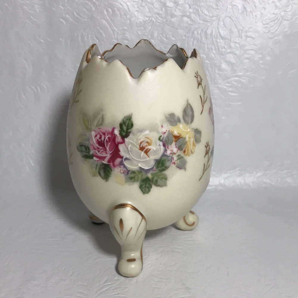 Inarco Brand MCM Egg Pedestal Multicolor Moriage Floral Figure Vase Hand Painted